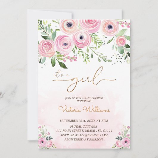 Floral Blush Pink Girl Baby shower Kaart (Voorkant)