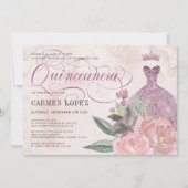 Floral Blush Pink Glitter Princess Quinceanera Kaart (Voorkant)