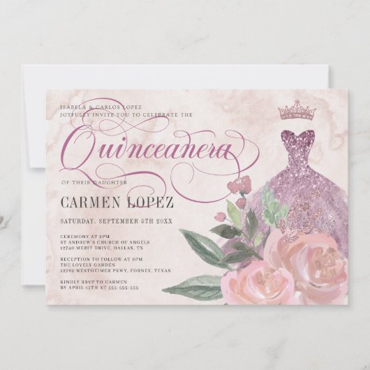 Floral Blush Pink Glitter Princess Quinceanera Kaart (Voorkant)