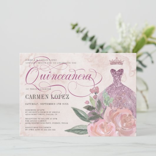 Floral Blush Pink Glitter Princess Quinceanera Kaart (Staand voorkant)