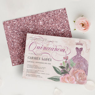 Floral Blush Pink Glitter Princess Quinceanera Kaart