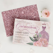Floral Blush Pink Glitter Princess Quinceanera Kaart