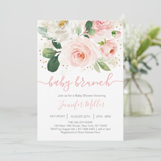 Floral Blush Pink & Gold Baby shower Brunch Kaart (Staand voorkant)