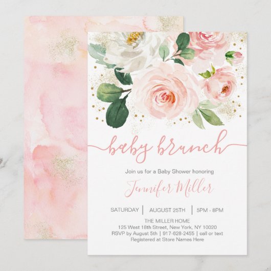 Floral Blush Pink & Gold Baby shower Brunch Kaart (Voorkant / Achterkant)