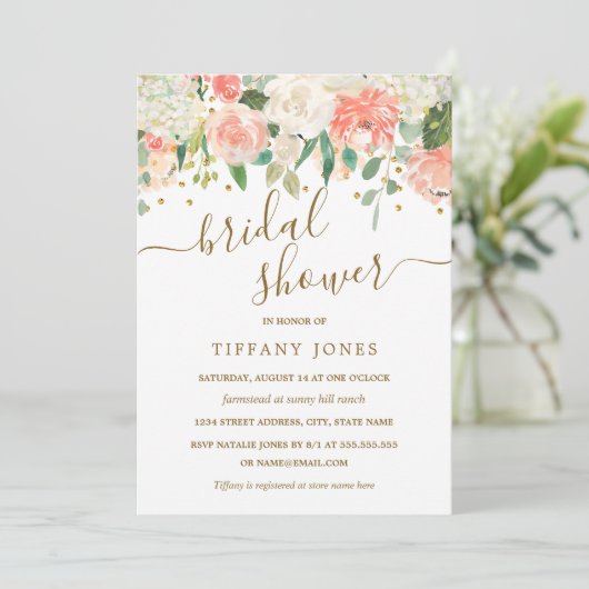Floral Blush Pink Gold Confetti Vrijgezellenfeest Kaart (Staand voorkant)