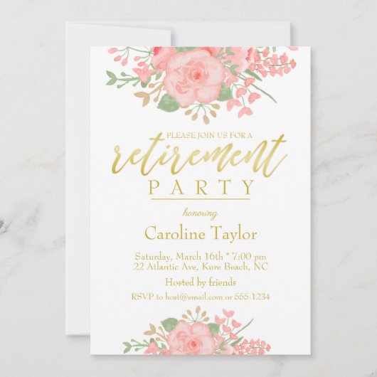 Floral Blush Pink Gold Retirement Party Kaart (Voorkant)