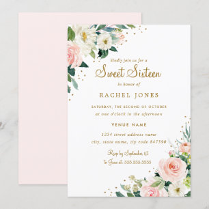 Floral Blush Pink Gold Sweet Sixteen Uitnodiging