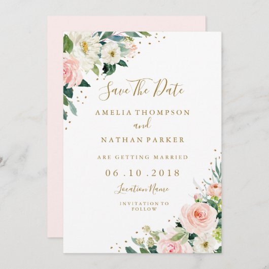 Floral Blush Pink Gold Wedding Save the Date Kaart (Voorkant / Achterkant)