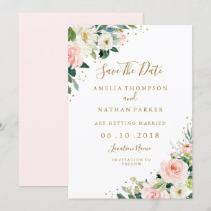 Floral Blush Pink Gold Wedding Save the Date Kaart