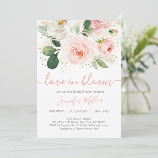 Floral Blush Pink Love in Bloom Vrijgezellenfeest Kaart (Staand voorkant)