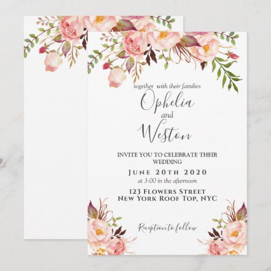 Floral Blush Pink Modern Elegant Boho Wedding Kaart (Voorkant / Achterkant)