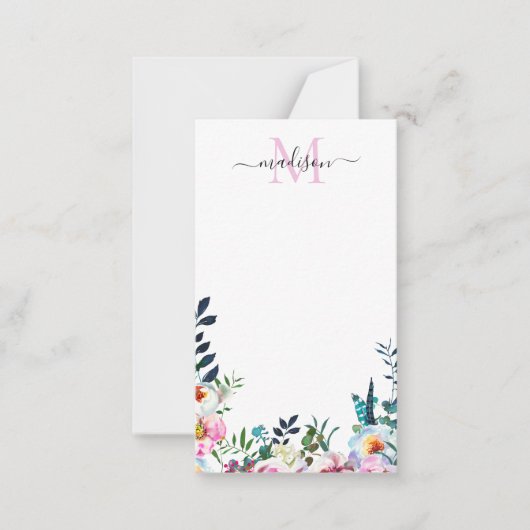Floral Blush Pink Peony Modern Botanisch Monogram Notitiekaartje (Voorkant)