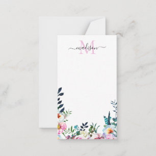 Floral Blush Pink Peony Modern Botanisch Monogram Notitiekaartje