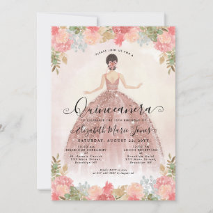 Floral Blush Pink Princess Birthday Quinceanera Kaart