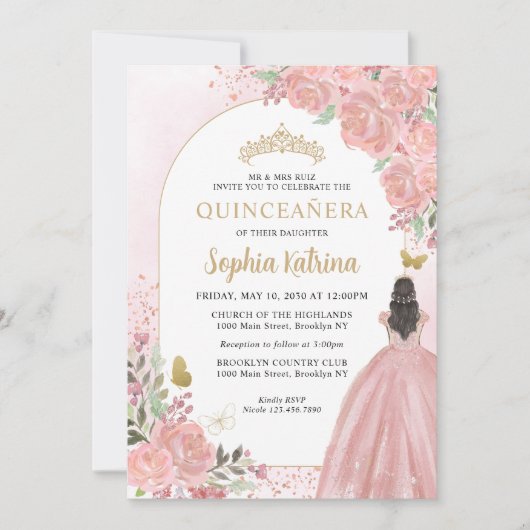 Floral Blush Pink Princess Birthday Quinceanera Kaart (Voorkant)