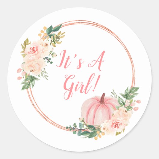 Floral Blush Pink Pumpkin Het is een meisje Ronde Sticker (Voorkant)