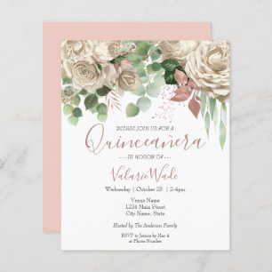 Floral Blush Pink Quinceanera Budget Uitnodiging