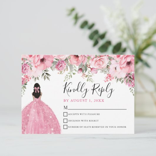 Floral Blush Pink Quinceanera RSVP Card (Staand voorkant)