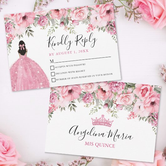 Floral Blush Pink Quinceanera RSVP Card Kaartje