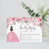 Floral Blush Pink Quinceanera RSVP Card Kaartje (Staand voorkant)