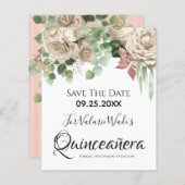 Floral Blush Pink Quinceanera Save the Date (Voorkant / Achterkant)