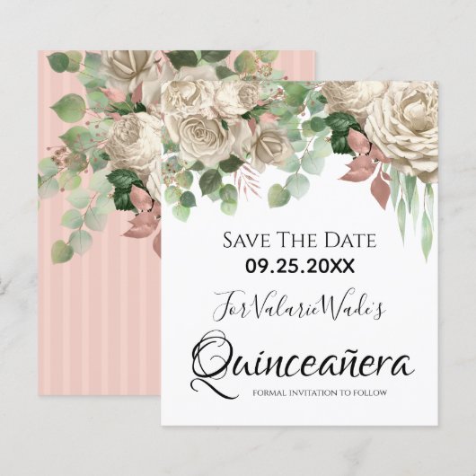 Floral Blush Pink Quinceanera Save the Date (Voorkant / Achterkant)