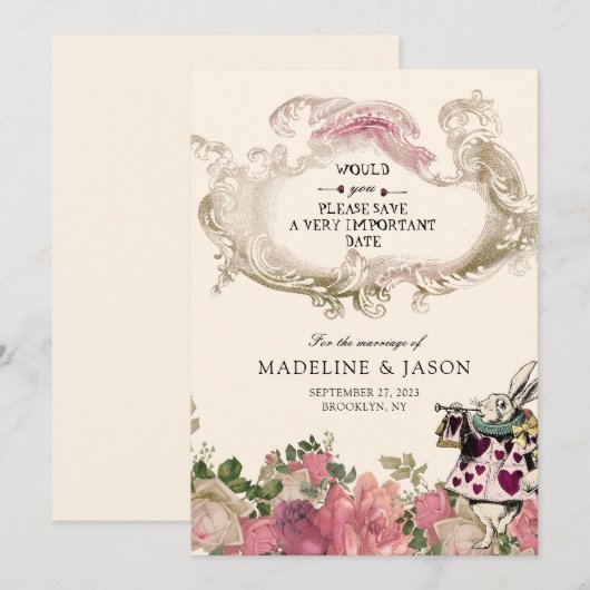  Floral Blush Pink Rabbit Wedding Save The Date (Voorkant / Achterkant)