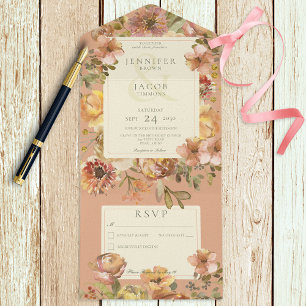 Floral Blush Pink & Rust No Dinner All In One Uitnodiging