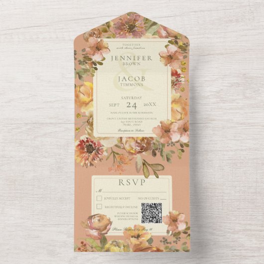  Floral Blush Pink & Rust QR Code All In One Uitnodiging (Binnen)