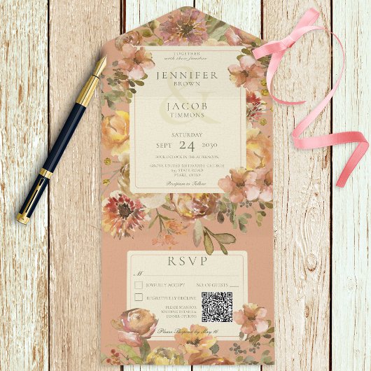 Floral Blush Pink & Rust QR Code All In One Uitnodiging
