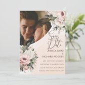 Floral Blush Pink Wedding Photo Save the Date Kaar (Staand voorkant)