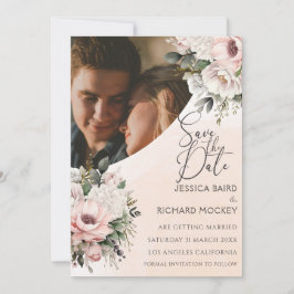 Floral Blush Pink Wedding Photo Save the Date Kaar