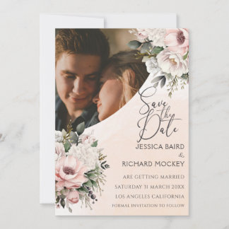Floral Blush Pink Wedding Photo Save the Date Kaar