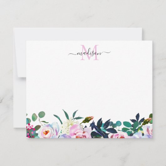 Floral Blush Pink White Peony Botanical Monogram Notitiekaartje (Voorkant)