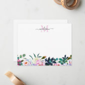 Floral Blush Pink White Peony Botanical Monogram Notitiekaartje (Voorkant / Achterkant in situ)