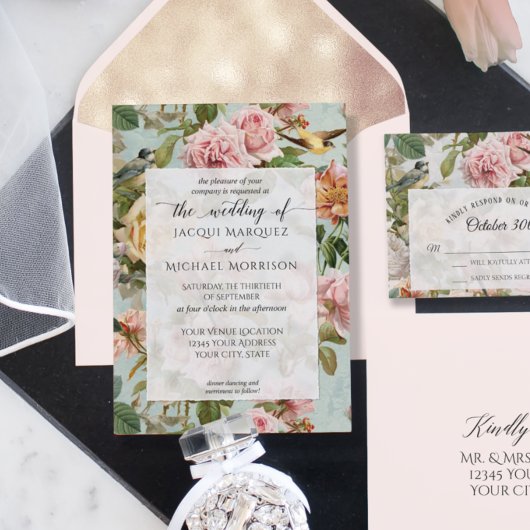 Floral Blush Pink Yellow Botanical Birds I Kaart