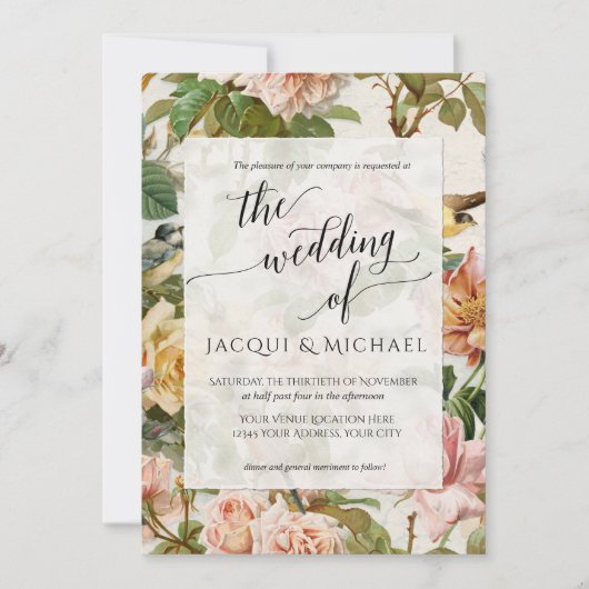 Floral Blush Pink Yellow Botanical Birds I Kaart (Voorkant)