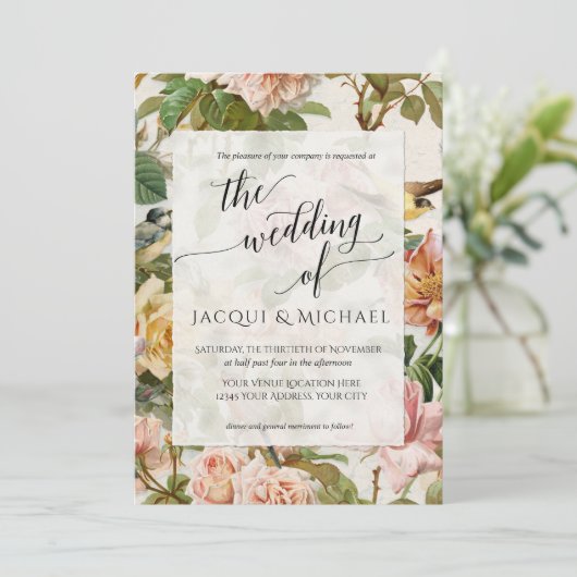 Floral Blush Pink Yellow Botanical Birds I Kaart (Staand voorkant)