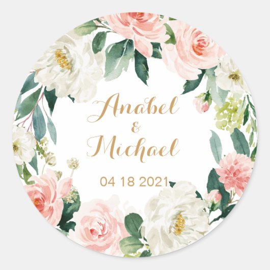 Floral Blush Romantisch gepersonaliseerd Ronde Sticker (Voorkant)