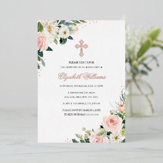 Floral Blush Roos Gold Waterverf Baptisme Folie Uitnodiging (Staand Voorkant)