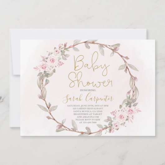 Floral blush roze baby shower meisje kaart (Voorkant)