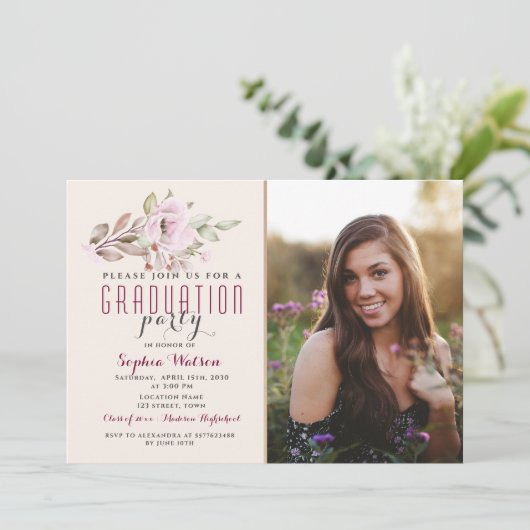 Floral Blush Roze fotouitnodiging Afstuderen Kaart (Staand voorkant)