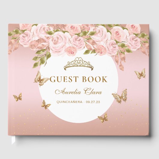 Floral Blush Roze Goud Tiara Vlinder Gastenboek (Voorkant)