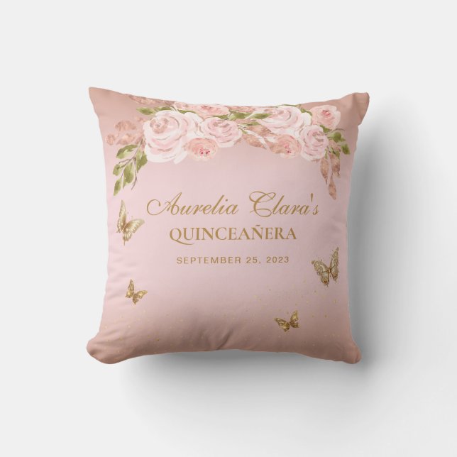 Floral Blush Roze Goud Tiara Vlinder Gastenboek Kussen (Voorkant)