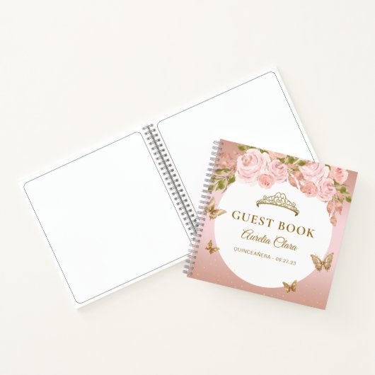 Floral Blush Roze Goud Tiara Vlinder Gastenboek Notitieboek (Binnen)