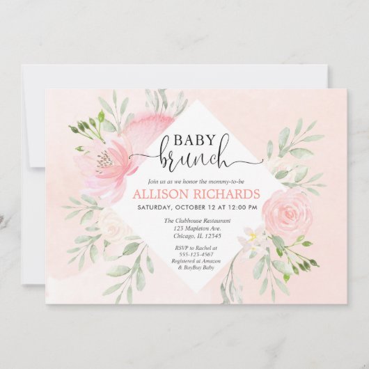Floral blush roze groen meisje baby brunch douche kaart (Voorkant)