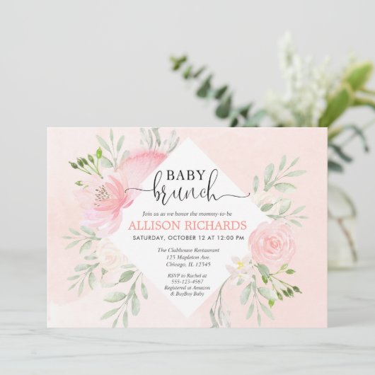 Floral blush roze groen meisje baby brunch douche kaart (Staand voorkant)