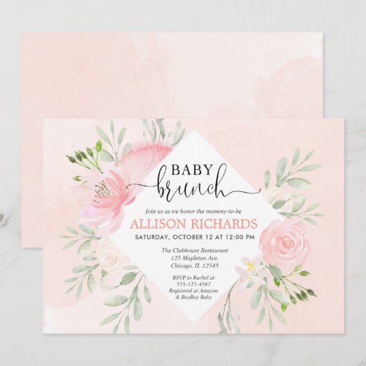 Floral blush roze groen meisje baby brunch douche kaart (Voorkant / Achterkant)