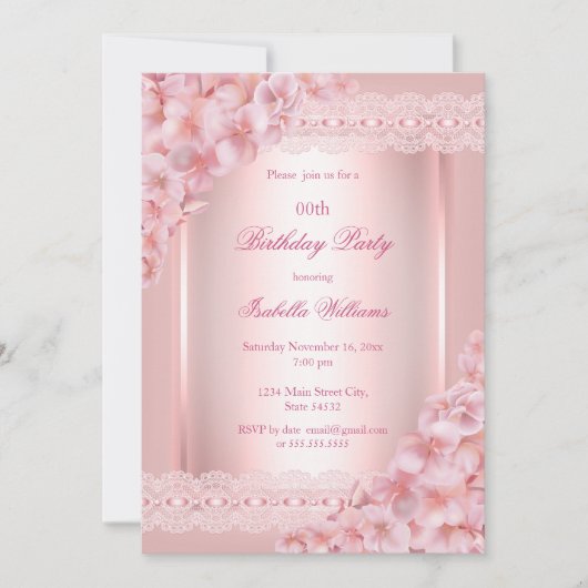  Floral blush Roze kant Birthday Party Kaart