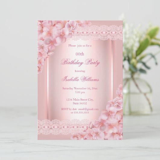  Floral blush Roze kant Birthday Party Kaart (Staand voorkant)
